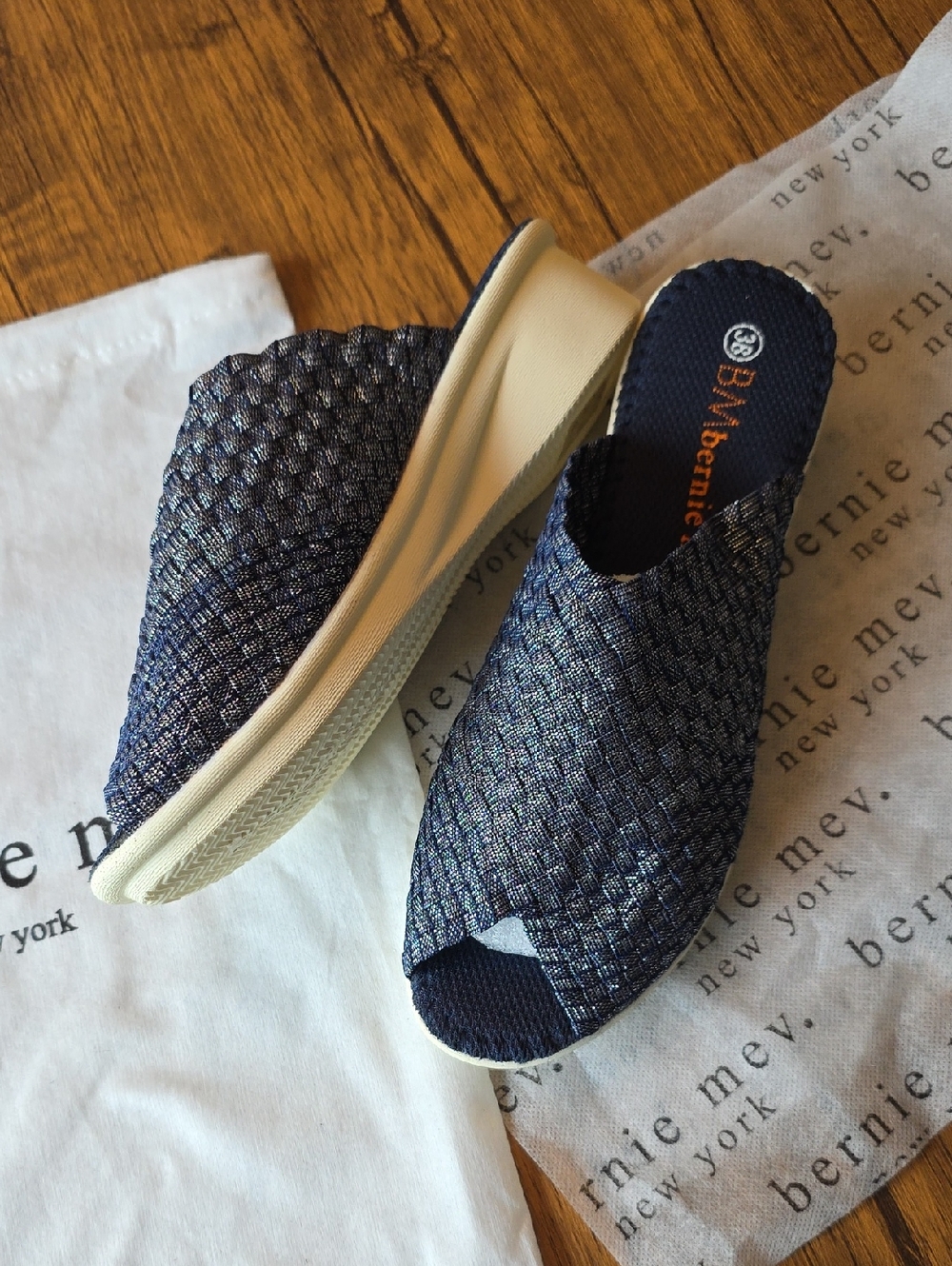 bernie mev. Cyrene Navy & Silver Woven Slide Sandals with Cream Sole